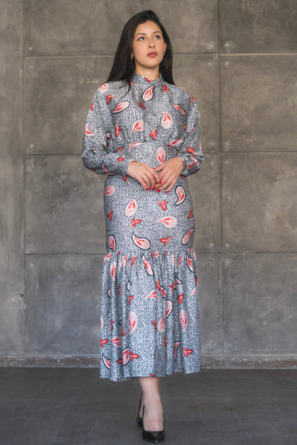 Monochrome Paisley Print Satin Tiered Midi Dress