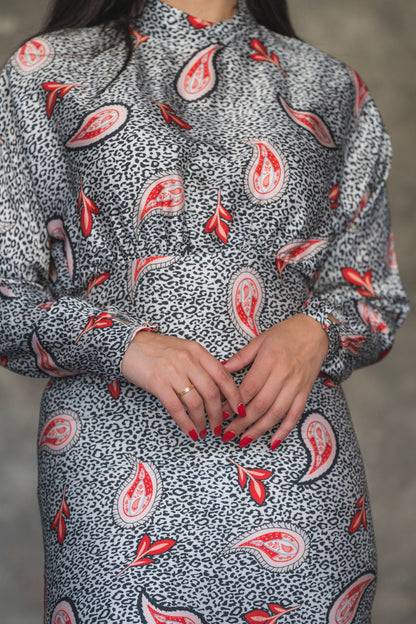 Monochrome Paisley Print Satin Tiered Midi Dress