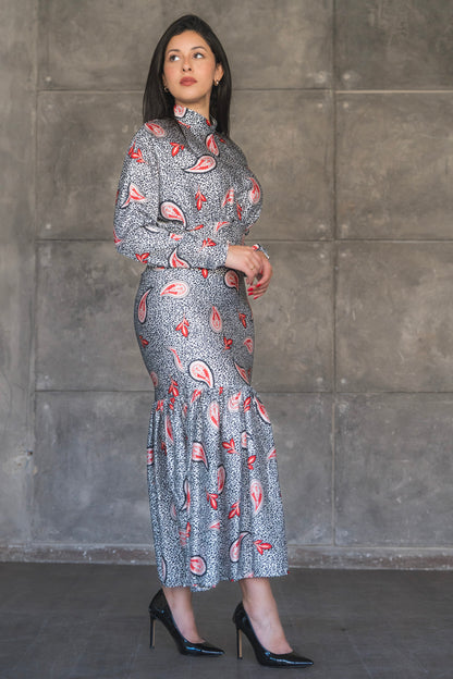 Monochrome Paisley Print Satin Tiered Midi Dress