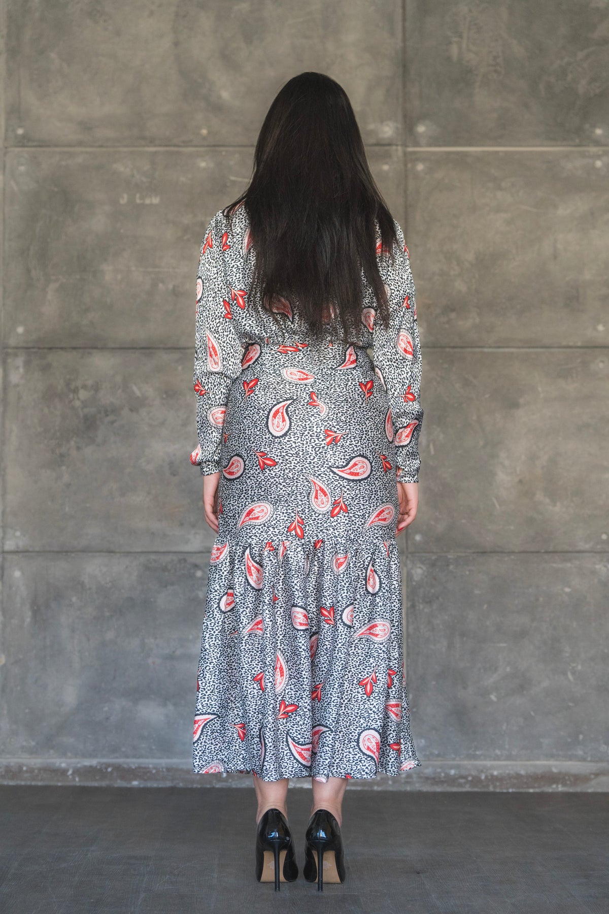 Monochrome Paisley Print Satin Tiered Midi Dress
