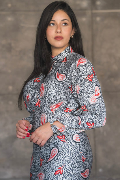 Monochrome Paisley Print Satin Tiered Midi Dress