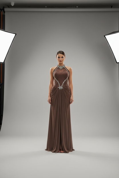 Rosaline Brown Crystal Halter Evening Gown