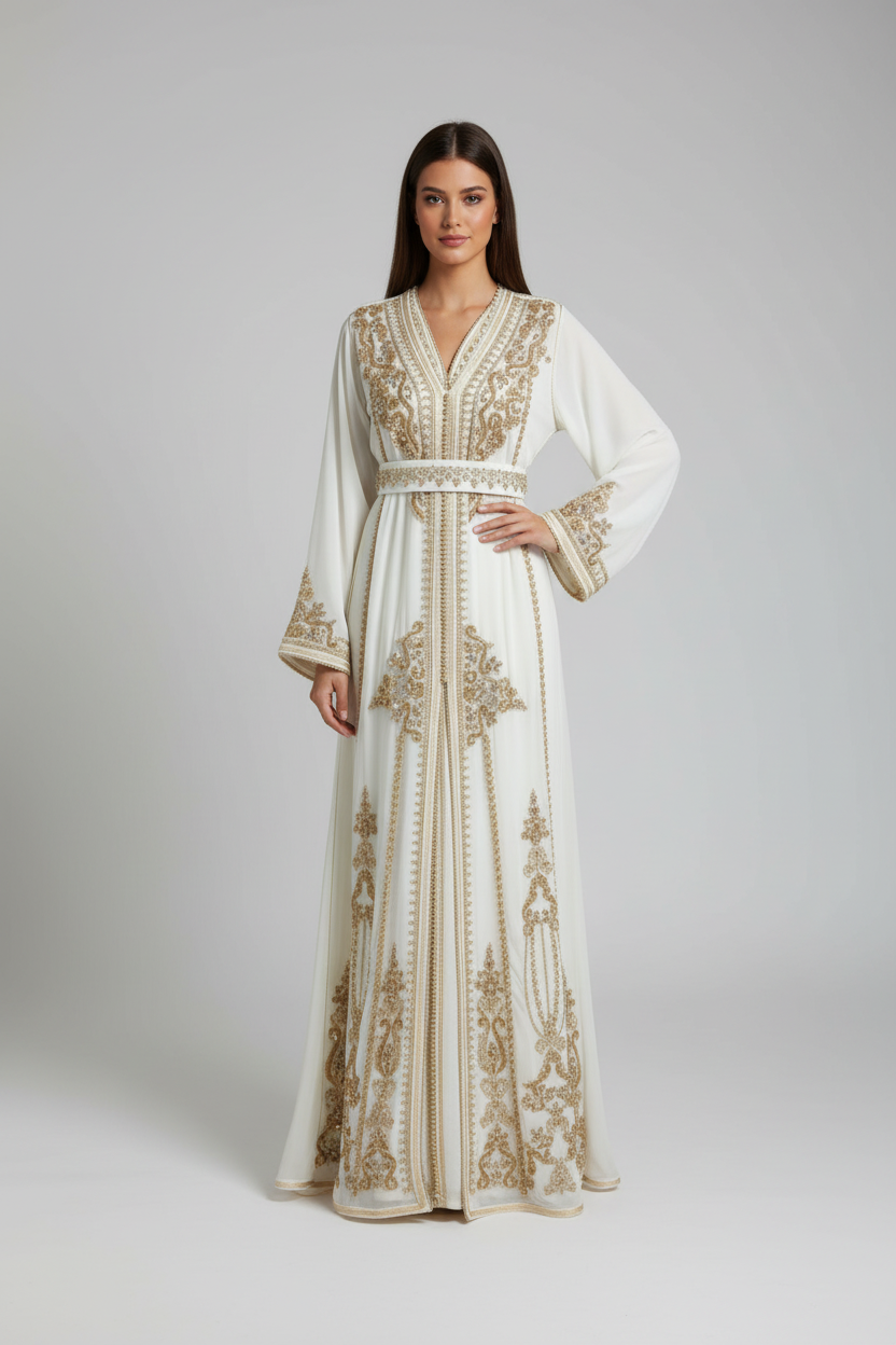 White Gold Embroidered Chiffon Bridal Kaftan