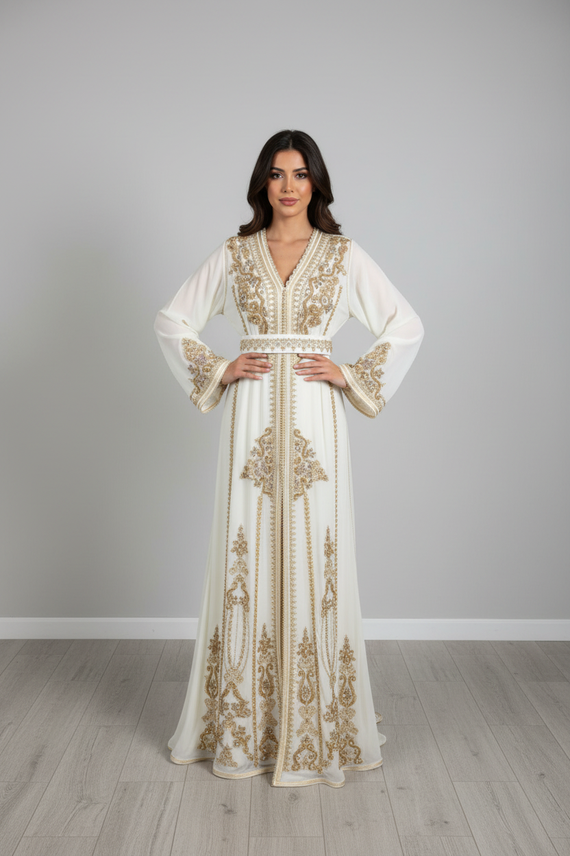 White Gold Embroidered Chiffon Bridal Kaftan
