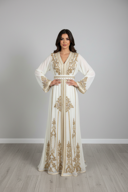 White Gold Embroidered Chiffon Bridal Kaftan