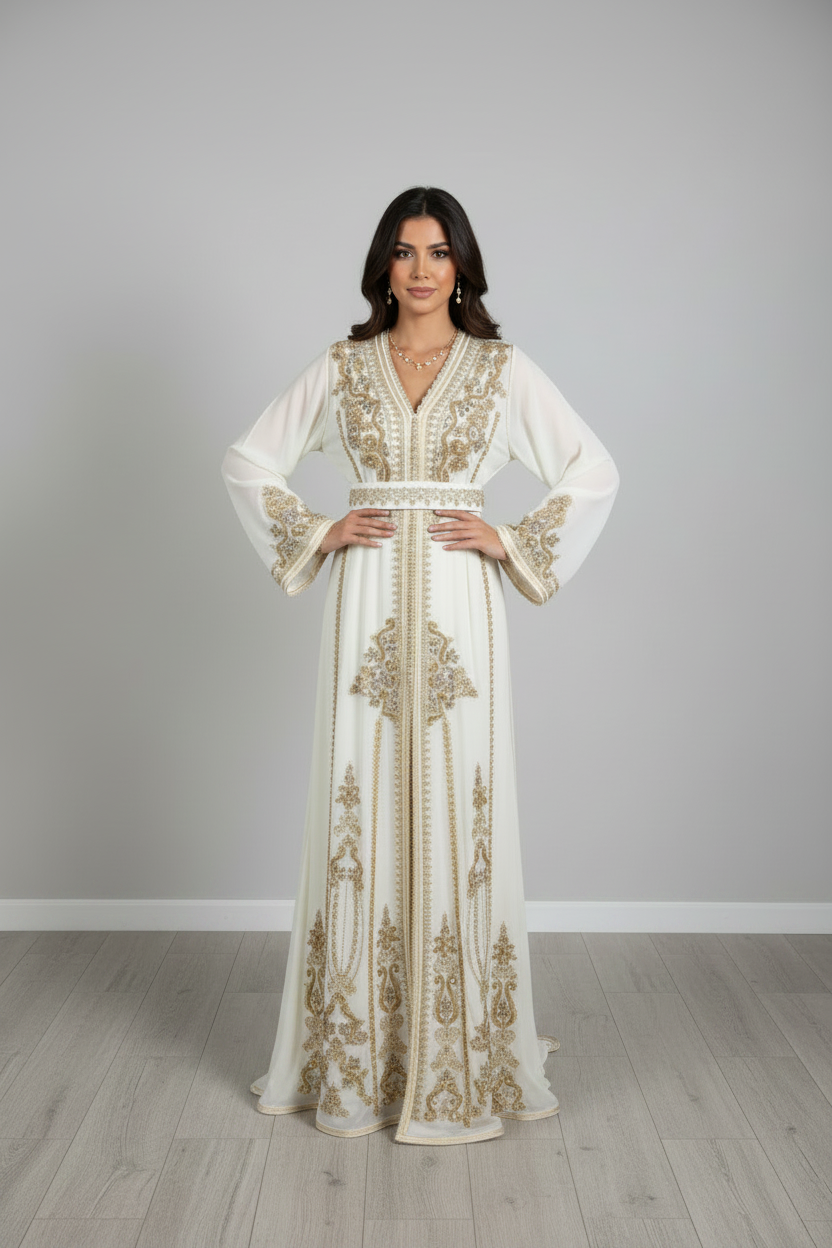 White Gold Embroidered Chiffon Bridal Kaftan