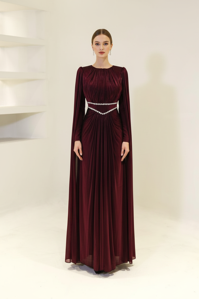 Veloura Burgundy Cape Evening Gown