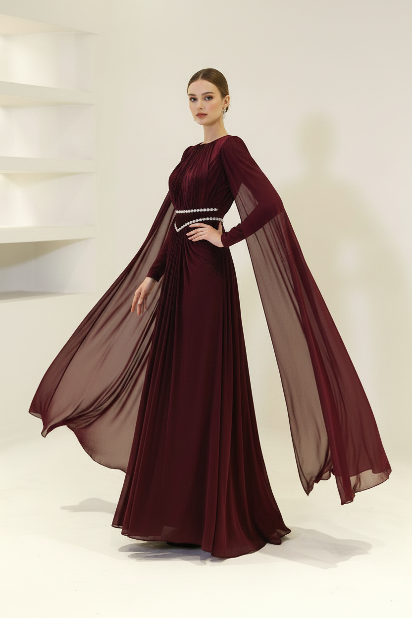 Veloura Burgundy Cape Evening Gown
