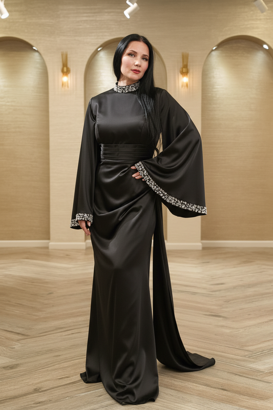 Black With Beaded Cape Eclipse Cascade Gown
