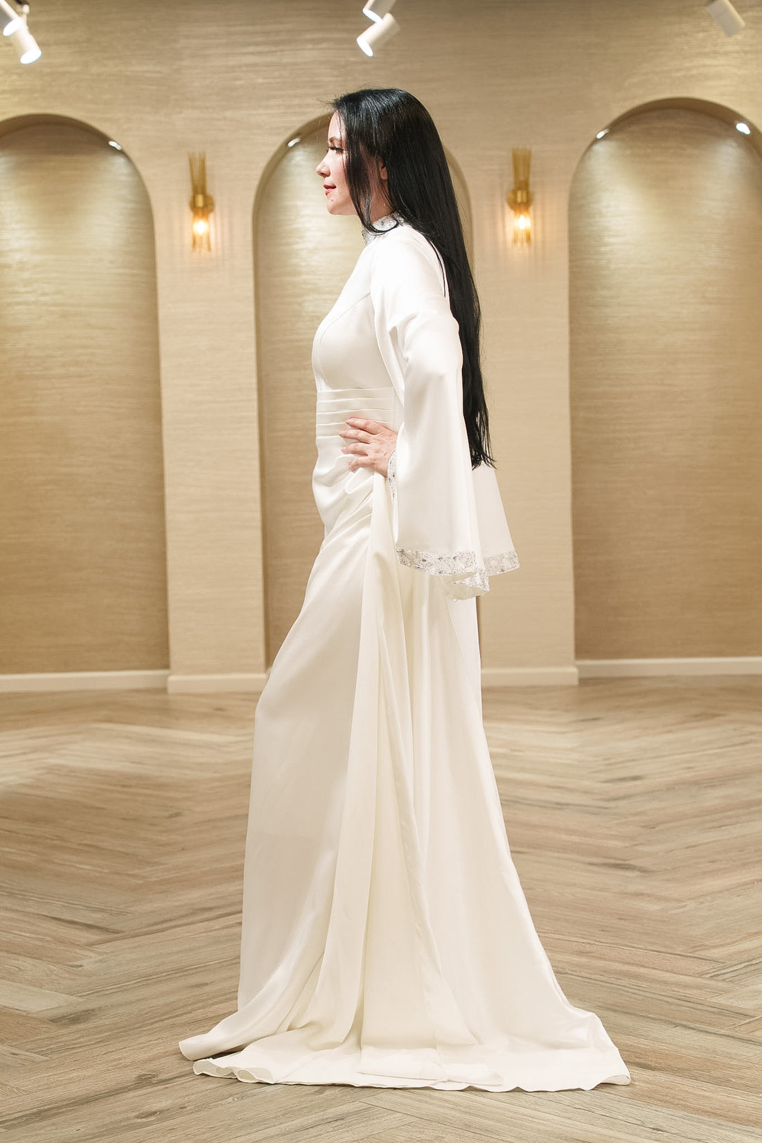 Celestial Grace Satin Bridal Gown with Crystal Neckline