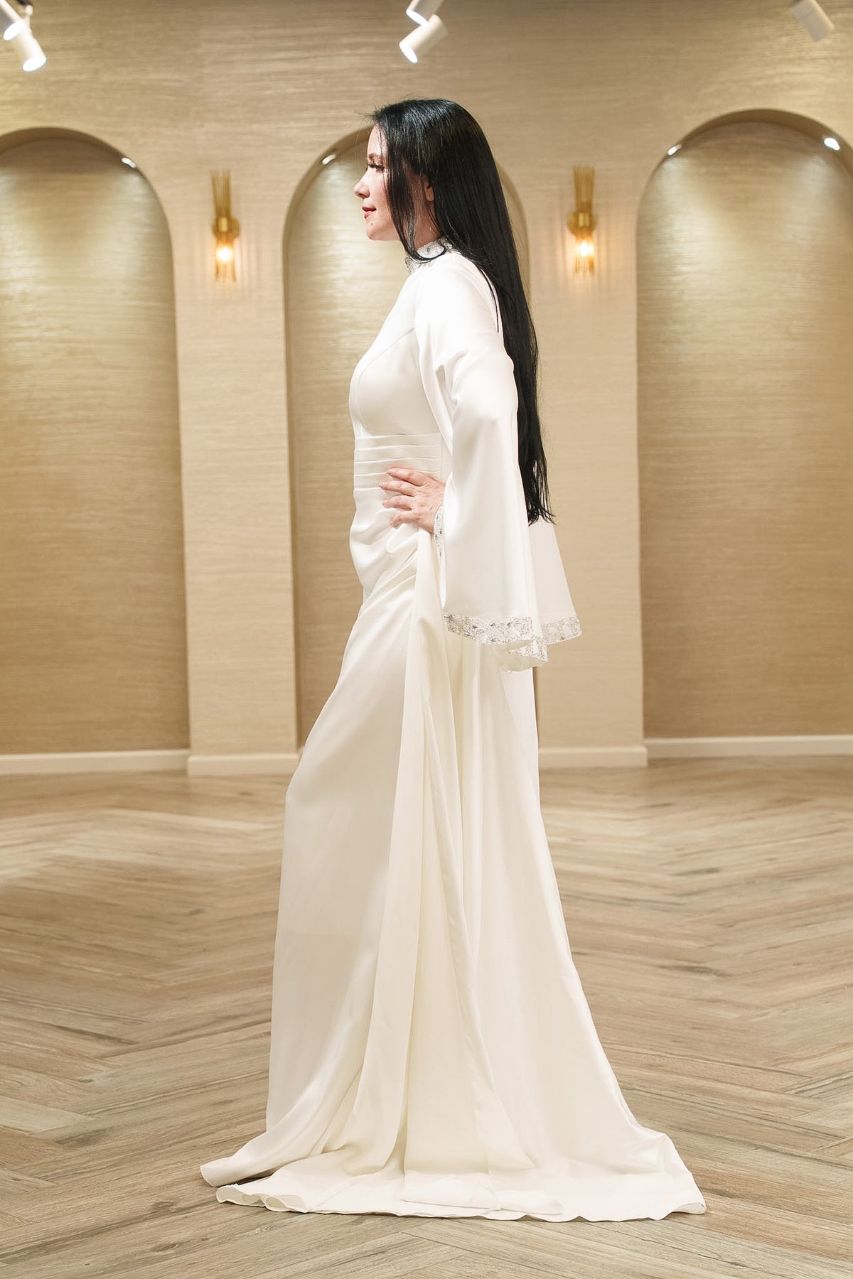 Celestial Grace Satin Bridal Gown with Crystal Neckline