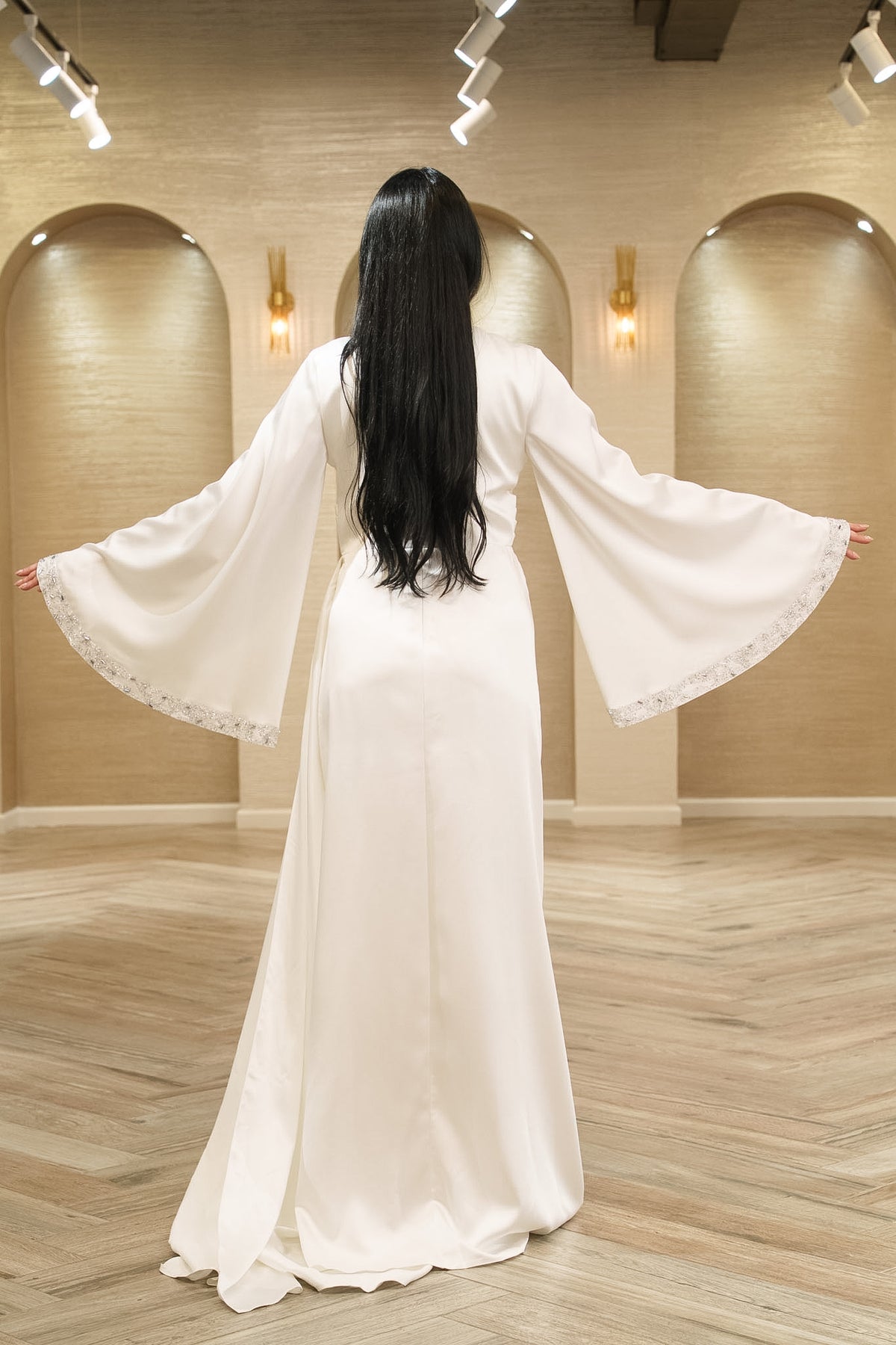 Celestial Grace Satin Bridal Gown with Crystal Neckline