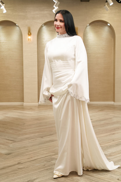 Celestial Grace Satin Bridal Gown with Crystal Neckline