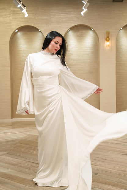Celestial Grace Satin Bridal Gown with Crystal Neckline
