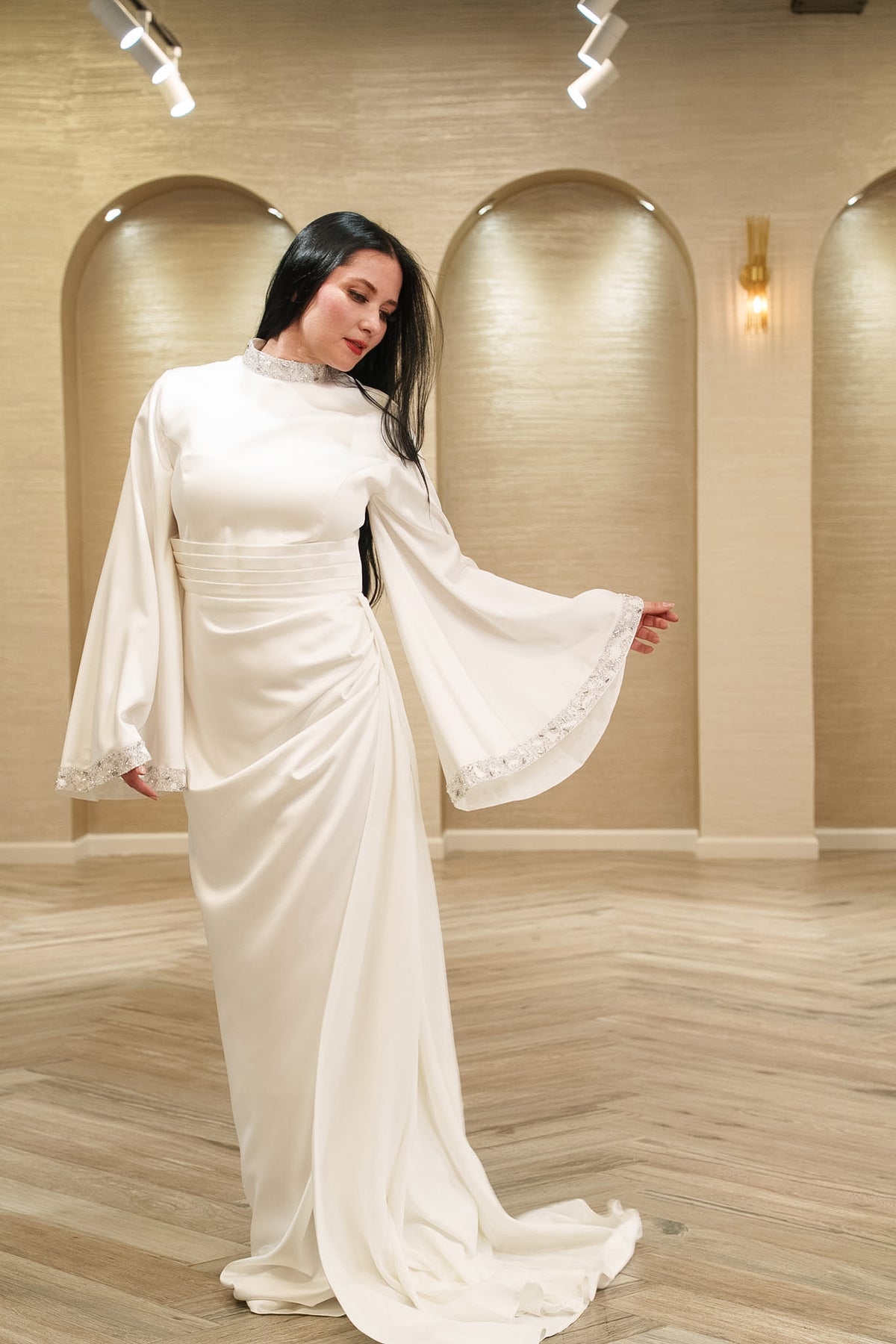 Celestial Grace Satin Bridal Gown with Crystal Neckline