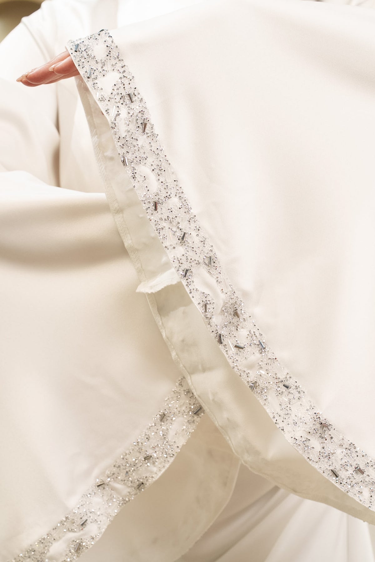 Celestial Grace Satin Bridal Gown with Crystal Neckline