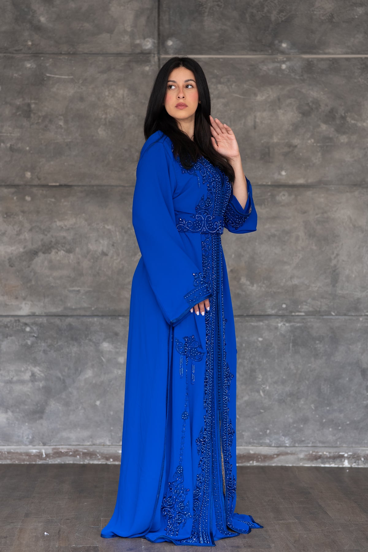 Royal Blue Embellished Kaftan With Belt