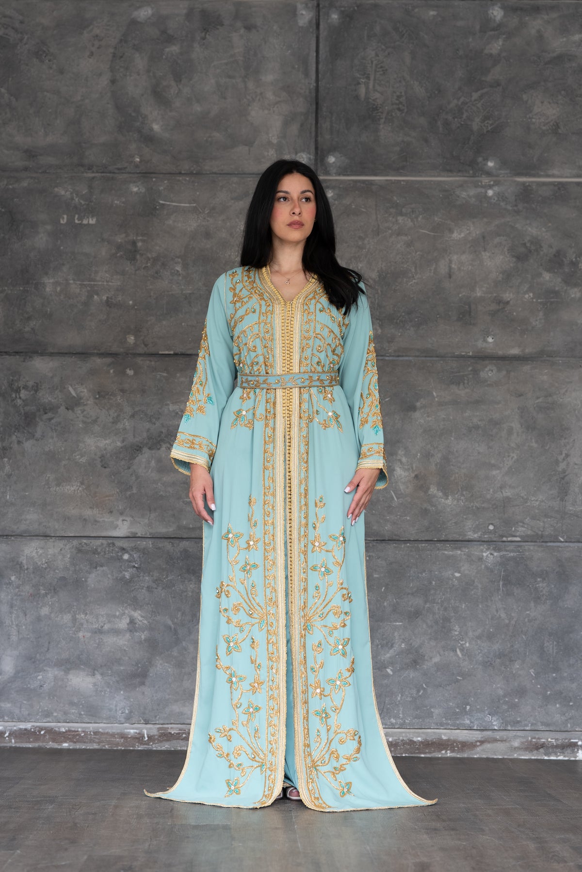 Mint Green Gold Embroidered Moroccan Kaftan with Belt