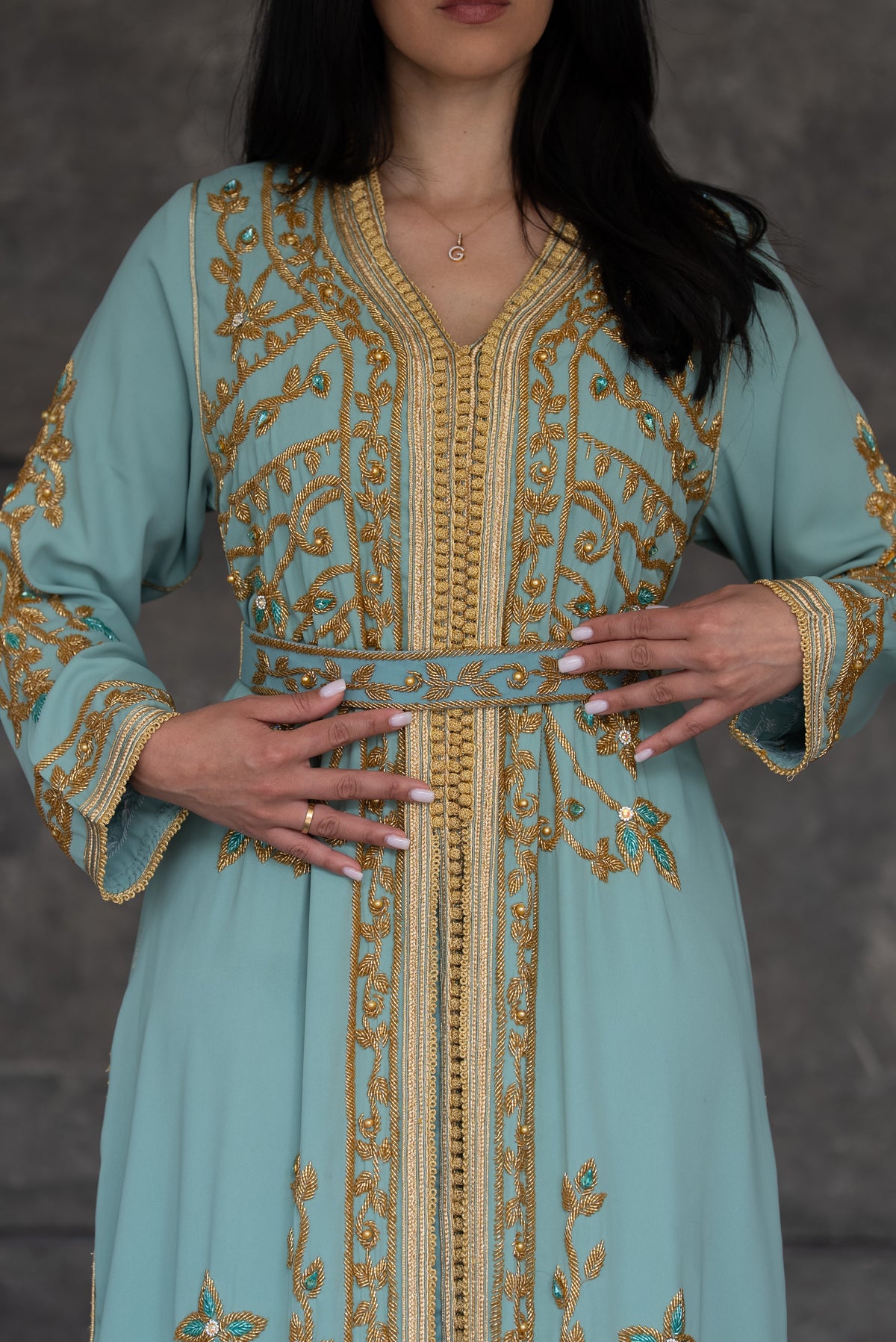 Mint Green Gold Embroidered Moroccan Kaftan with Belt
