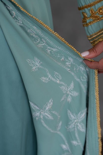 Mint Green Gold Embroidered Moroccan Kaftan with Belt