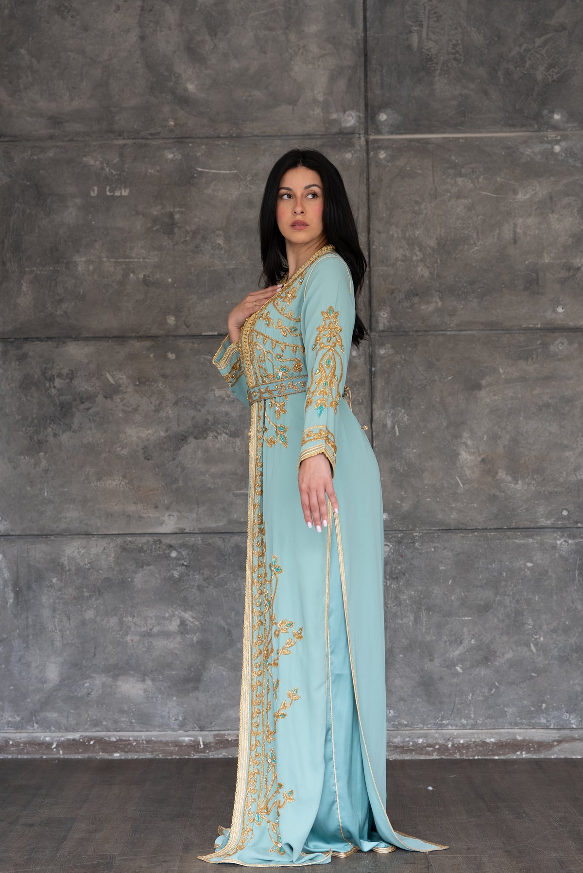 Mint Green Gold Embroidered Moroccan Kaftan with Belt
