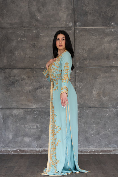 Mint Green Gold Embroidered Moroccan Kaftan with Belt