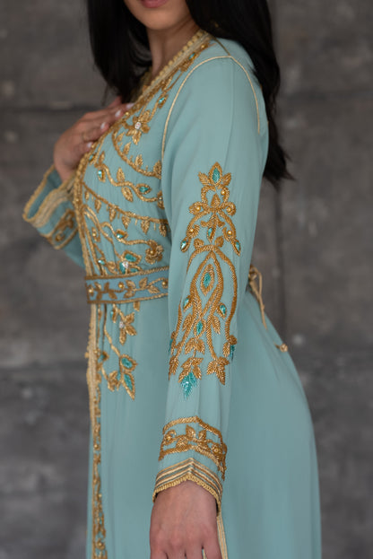 Mint Green Gold Embroidered Moroccan Kaftan with Belt