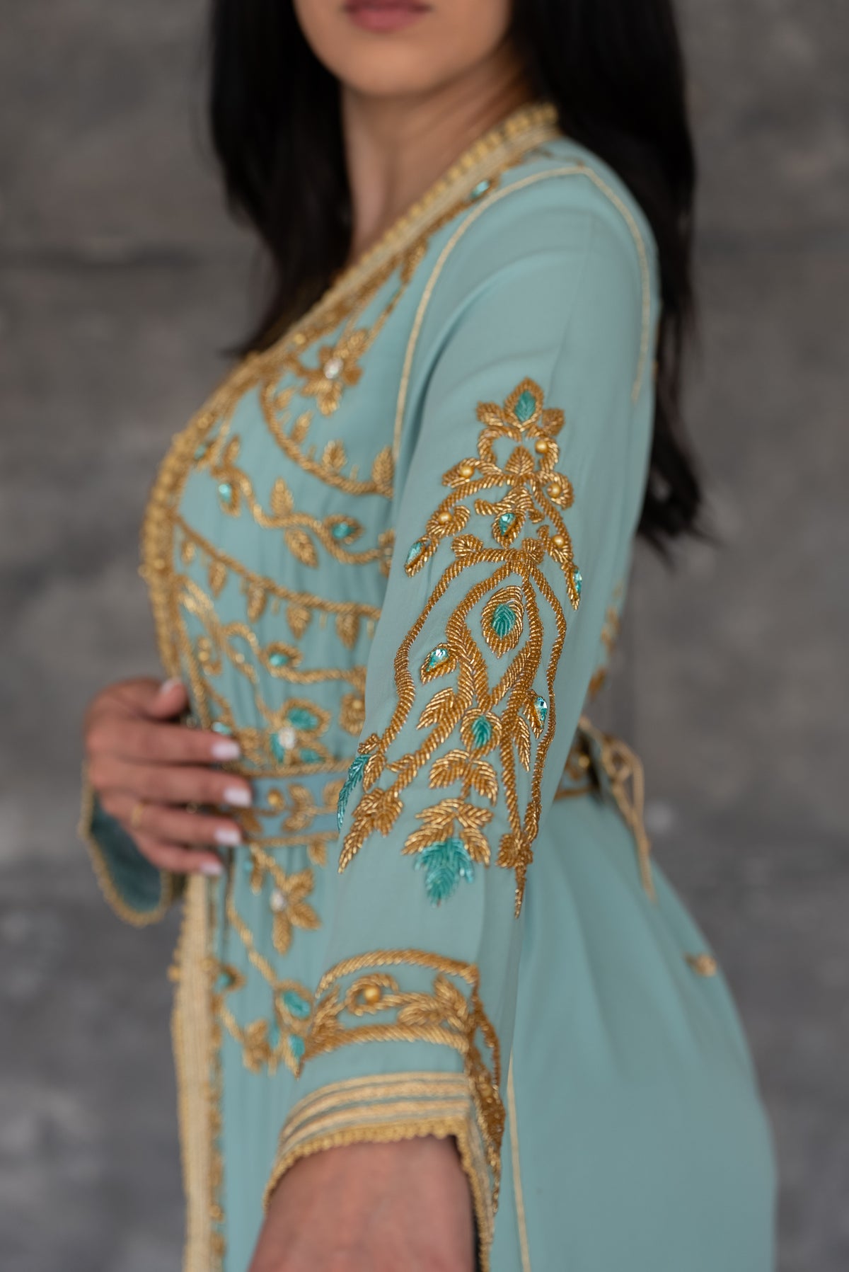 Mint Green Gold Embroidered Moroccan Kaftan with Belt