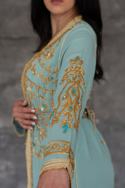 Mint Green Gold Embroidered Moroccan Kaftan with Belt