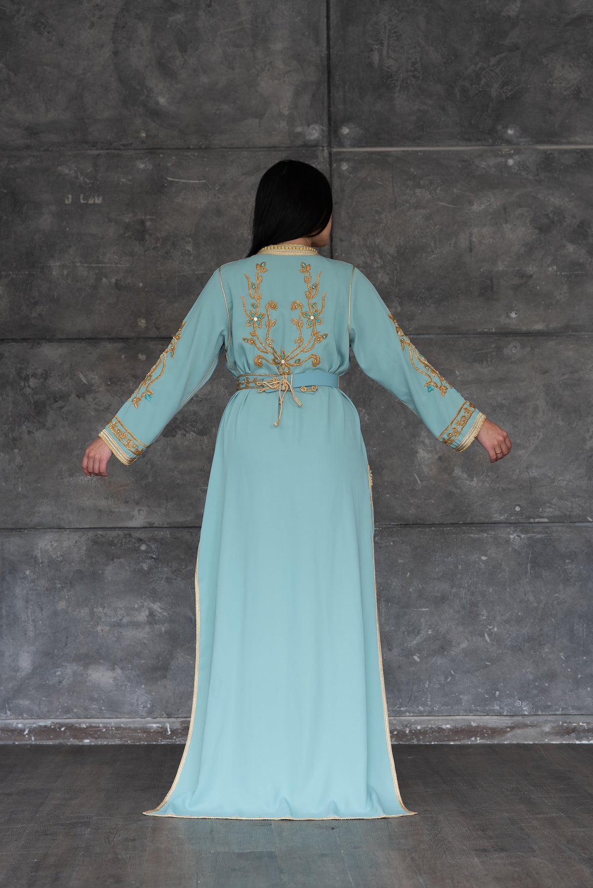 Mint Green Gold Embroidered Moroccan Kaftan with Belt