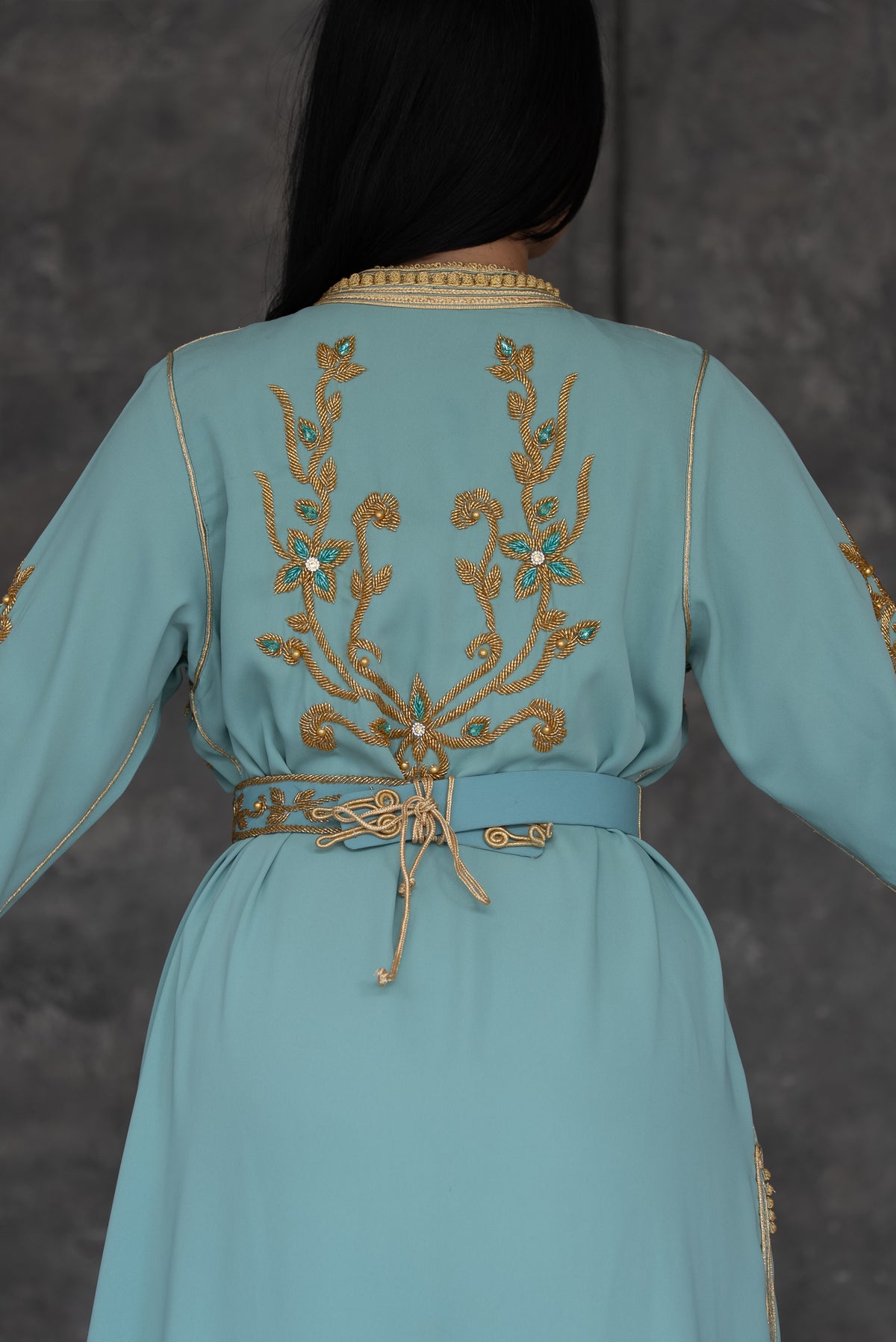 Mint Green Gold Embroidered Moroccan Kaftan with Belt
