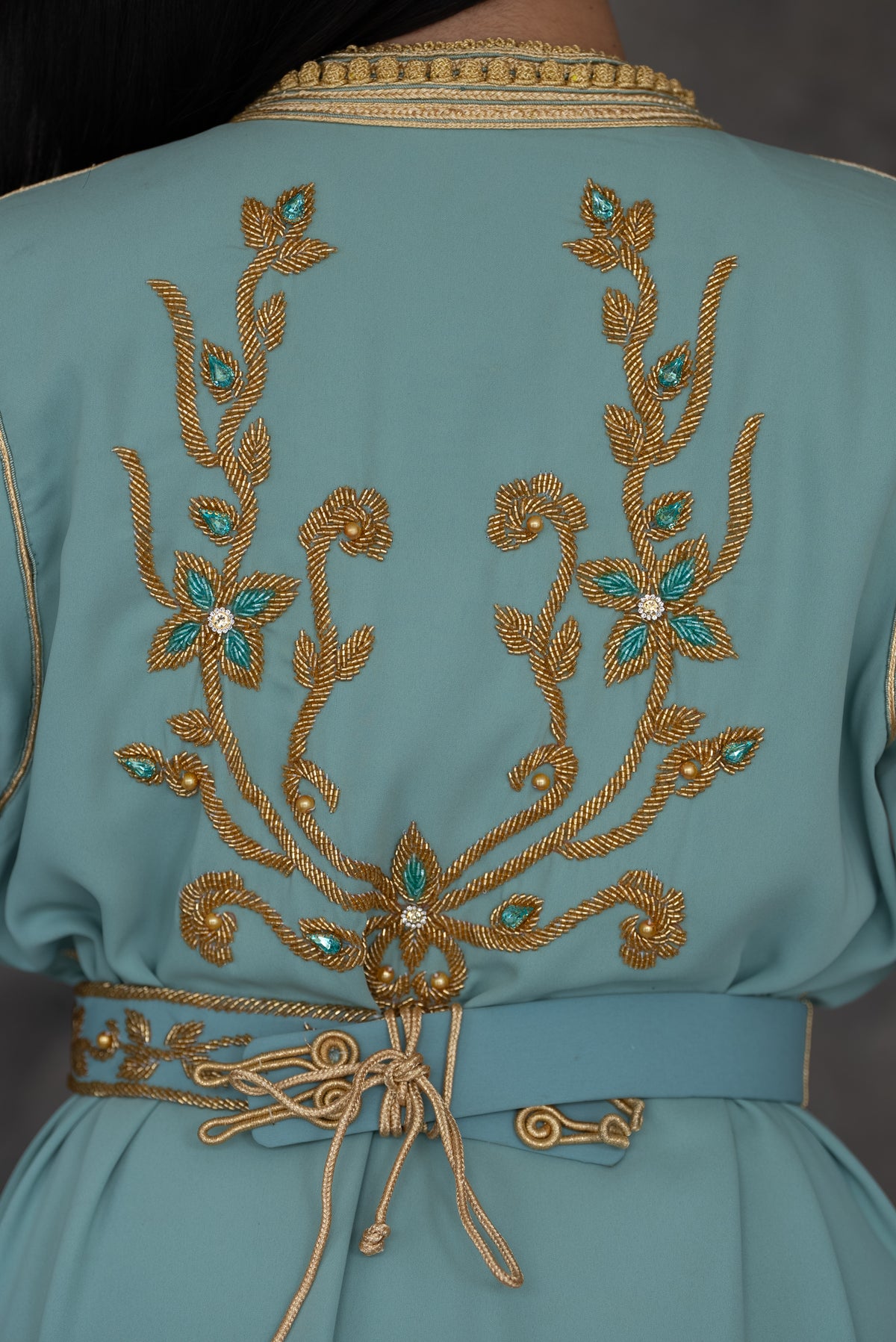 Mint Green Gold Embroidered Moroccan Kaftan with Belt