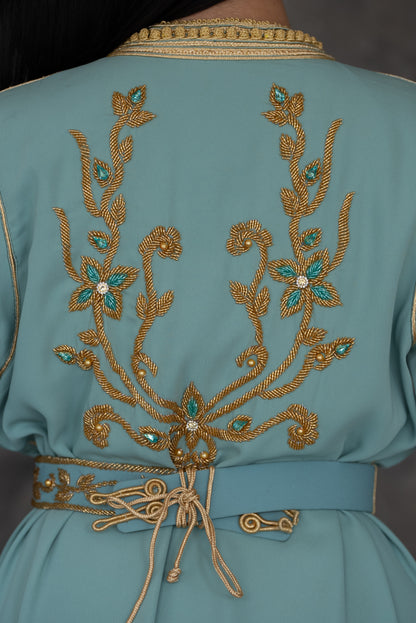 Mint Green Gold Embroidered Moroccan Kaftan with Belt