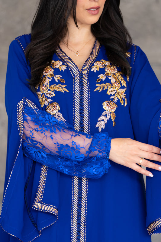 Royal Blue Caftan with Gold Embroidery & Fringe Hem