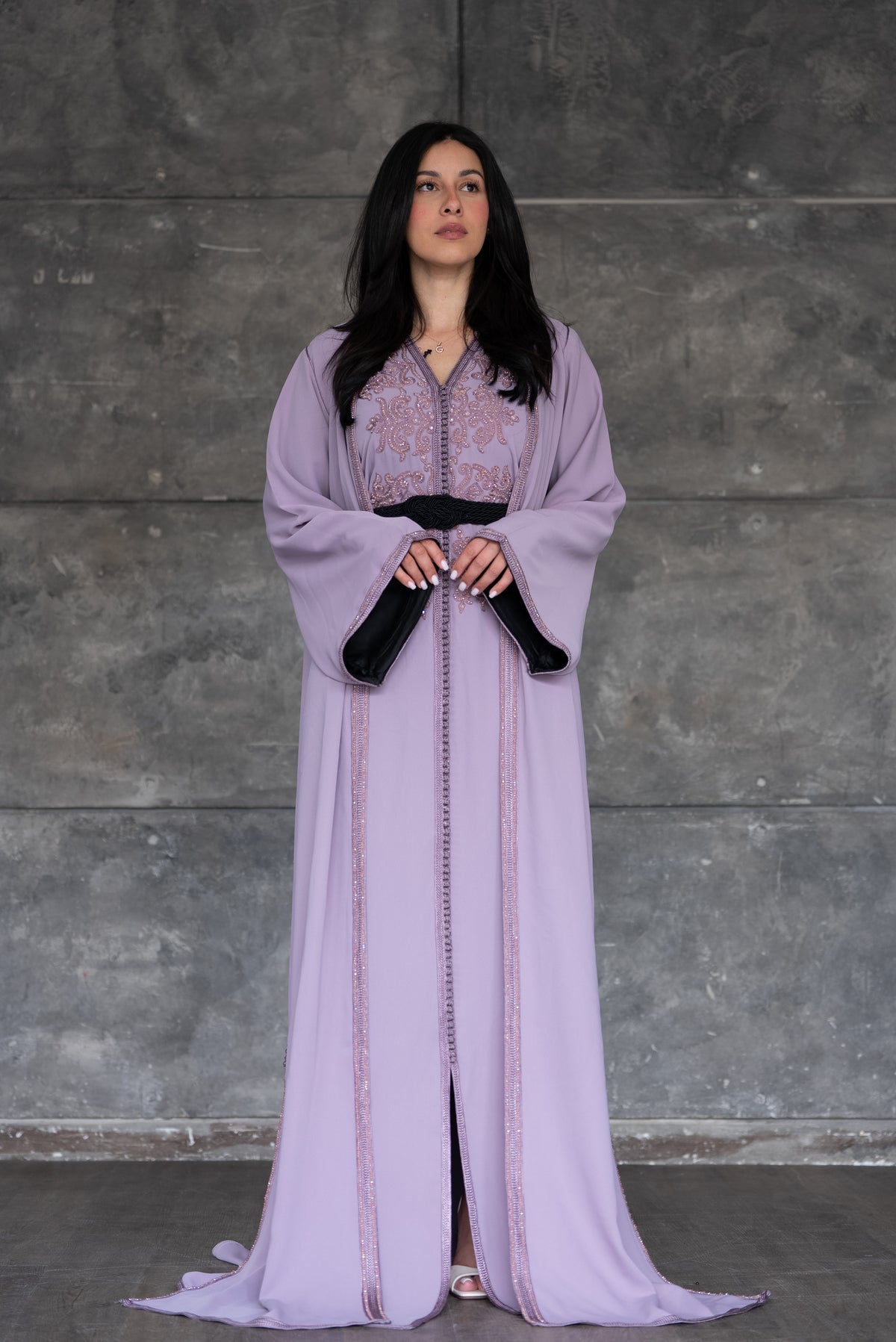 Lavender Embroidered Caftan With Black Sash