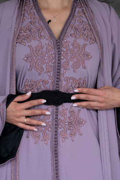 Lavender Embroidered Caftan With Black Sash