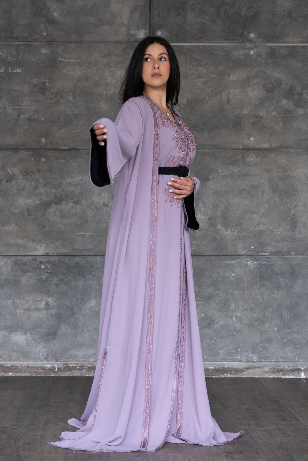 Lavender Embroidered Caftan With Black Sash