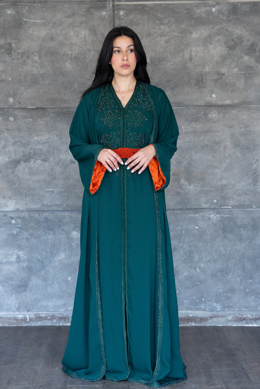 2 Pieces Emerald Green Caftan/Kimono with Burnt Orange Accents