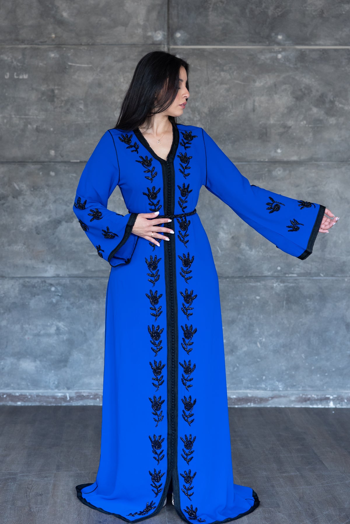 Handmade Royal Blue Caftan With Black Embroidery