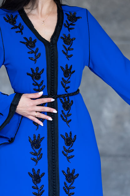 Handmade Royal Blue Caftan With Black Embroidery