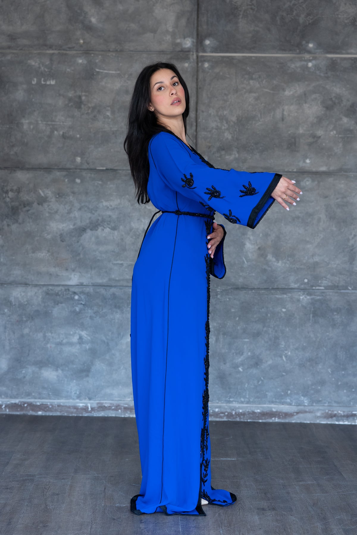 Handmade Royal Blue Caftan With Black Embroidery