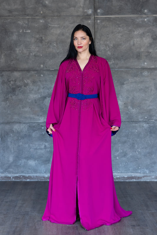 2 Pieces Fuchsia Embroidered Caftan with Royal Blue Belt