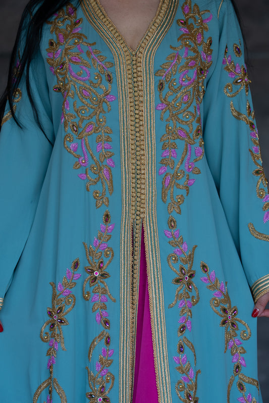 Turquoise Handmade Embroidered Caftan with Fuchsia Underlay