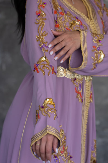 Lavender Gold Embroidered Kaftan with Orange Underdress &amp; Belt