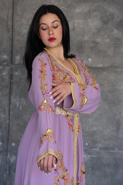 Lavender Gold Embroidered Kaftan with Orange Underdress &amp; Belt