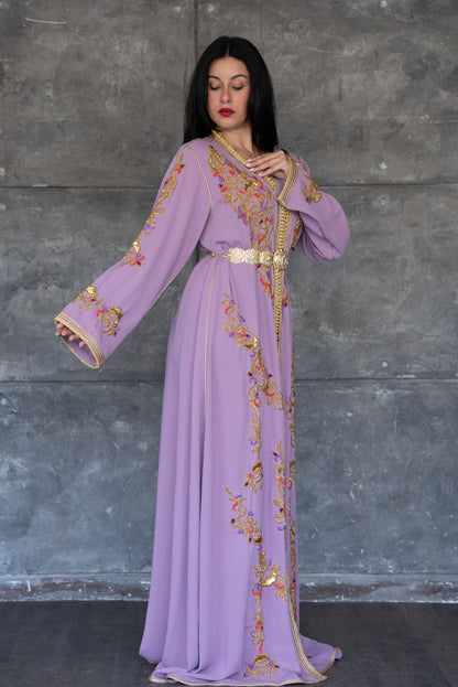 Lavender Gold Embroidered Kaftan with Orange Underdress &amp; Belt