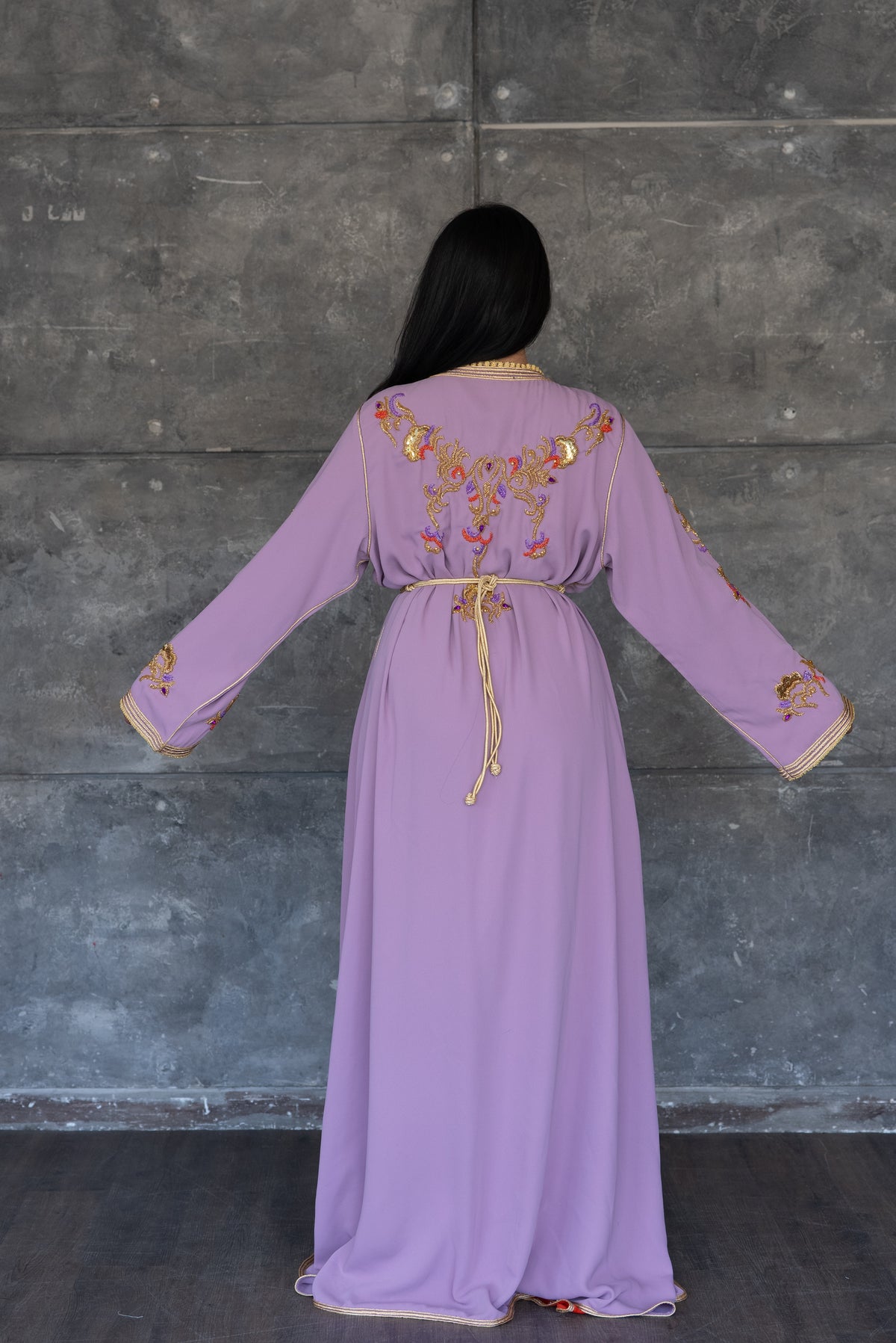Lavender Gold Embroidered Kaftan with Orange Underdress &amp; Belt