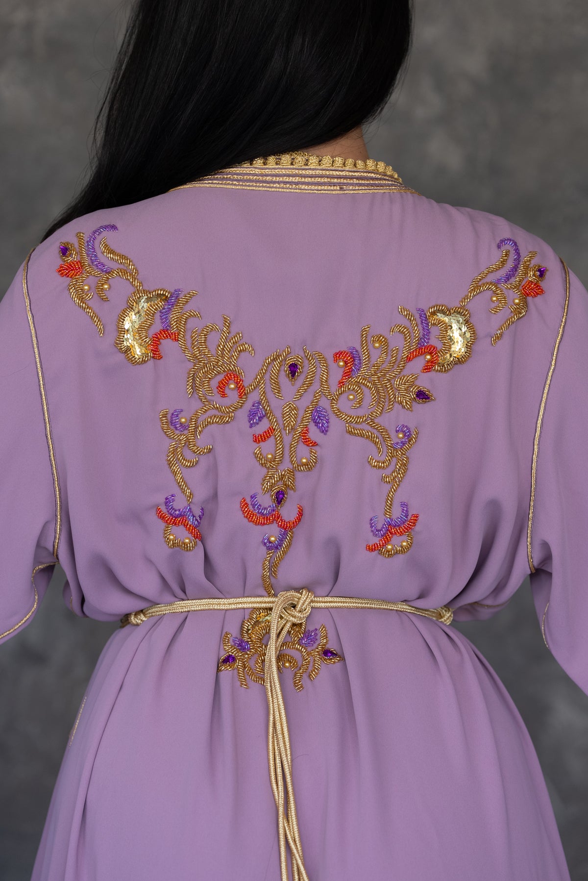Lavender Gold Embroidered Kaftan with Orange Underdress &amp; Belt