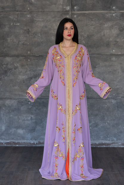 Lavender Gold Embroidered Kaftan with Orange Underdress &amp; Belt