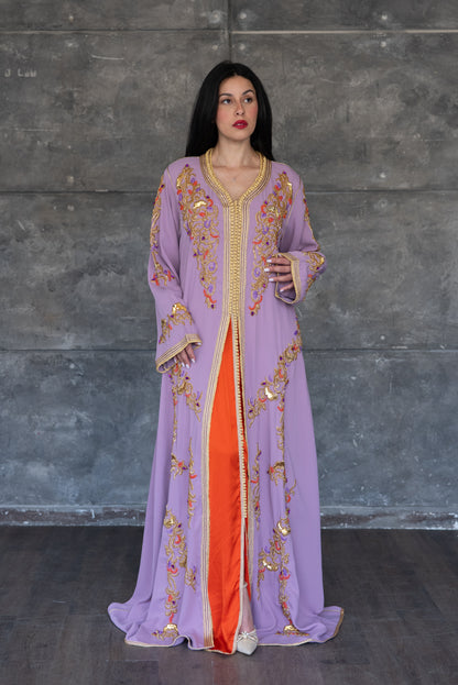 Lavender Gold Embroidered Kaftan with Orange Underdress &amp; Belt